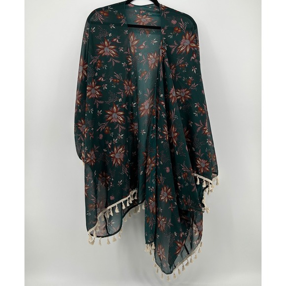 SHEIN Other - SHEIN Curve Floral Kimono Swim Coverup Dark Green Tassel Trim 4XL Boho Festival